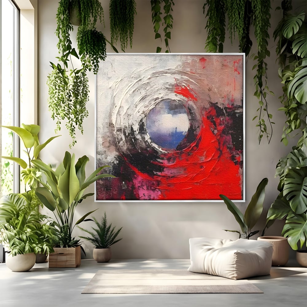 Tablou canvas cu pictura abstracta cu vortex rosu si alb, in rama de aluminiu argintiu